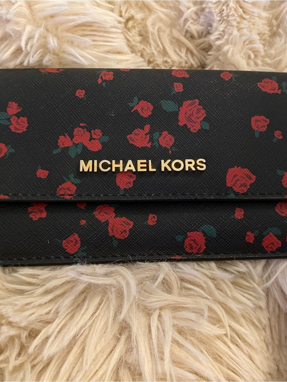 GUC!!!  Michael Kors Black Floral Wallet with Gold Logo
